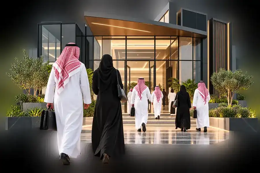 موظفون يدخلون مقر منشأة